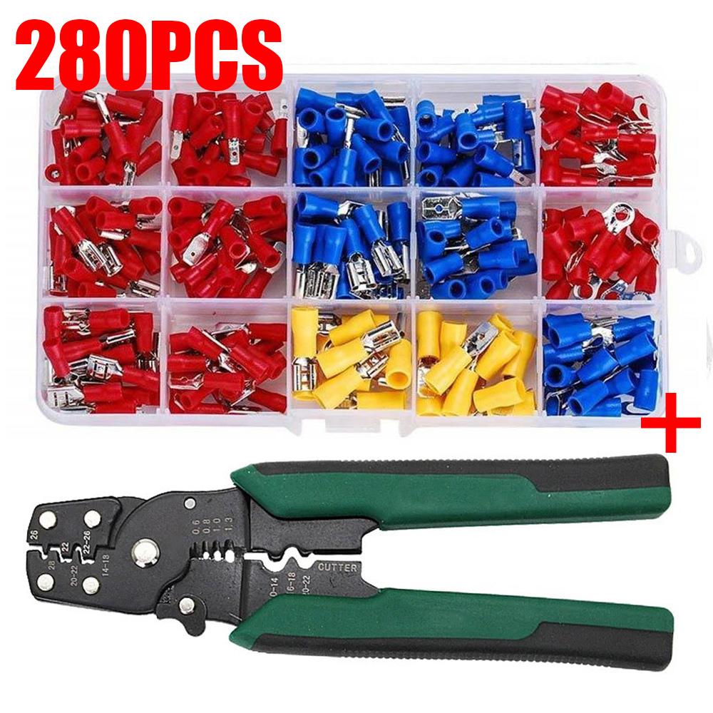140/280Pcs Insulated Cable Connectors Spade Crimp Terminal Connector Kit with Wire Stripper Copper Contact Crimp Termination