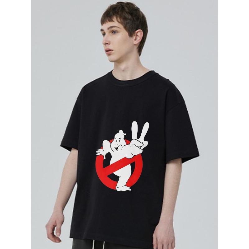 Men's Black T-Shirt with Ghostbusters Logo and Peace Sign Print Casual Wear for Everyday Use