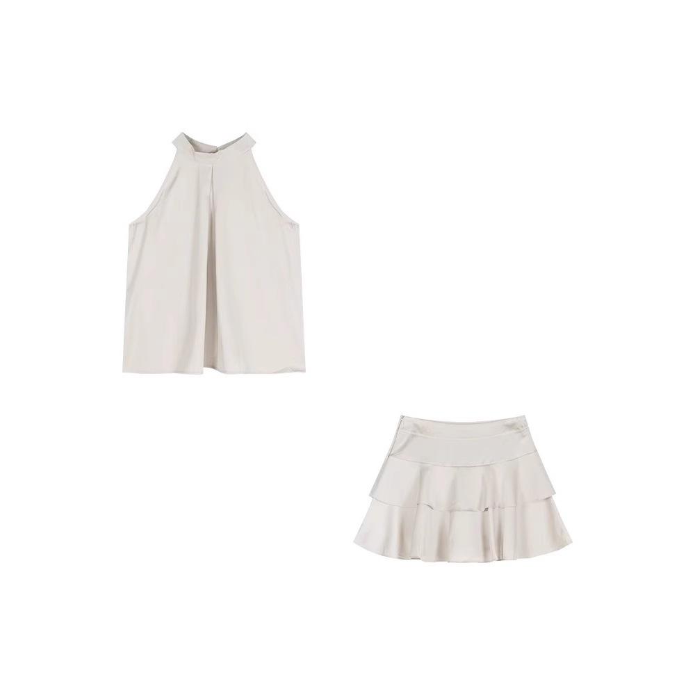 Sleeveless Neck Vest Top Women's Summer Daughter Feeling Set Ruffle Leaf Edge Cake Skirt Temperament Two-piece Set