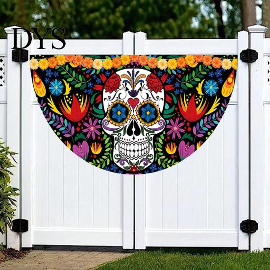 Colorful Cemetery Memorial Flag Day of The Dead Skull Bunting Banner, Marigold Print Fiesta Yard Sign Hanging Flag, Sugar Outdoor Party Decor