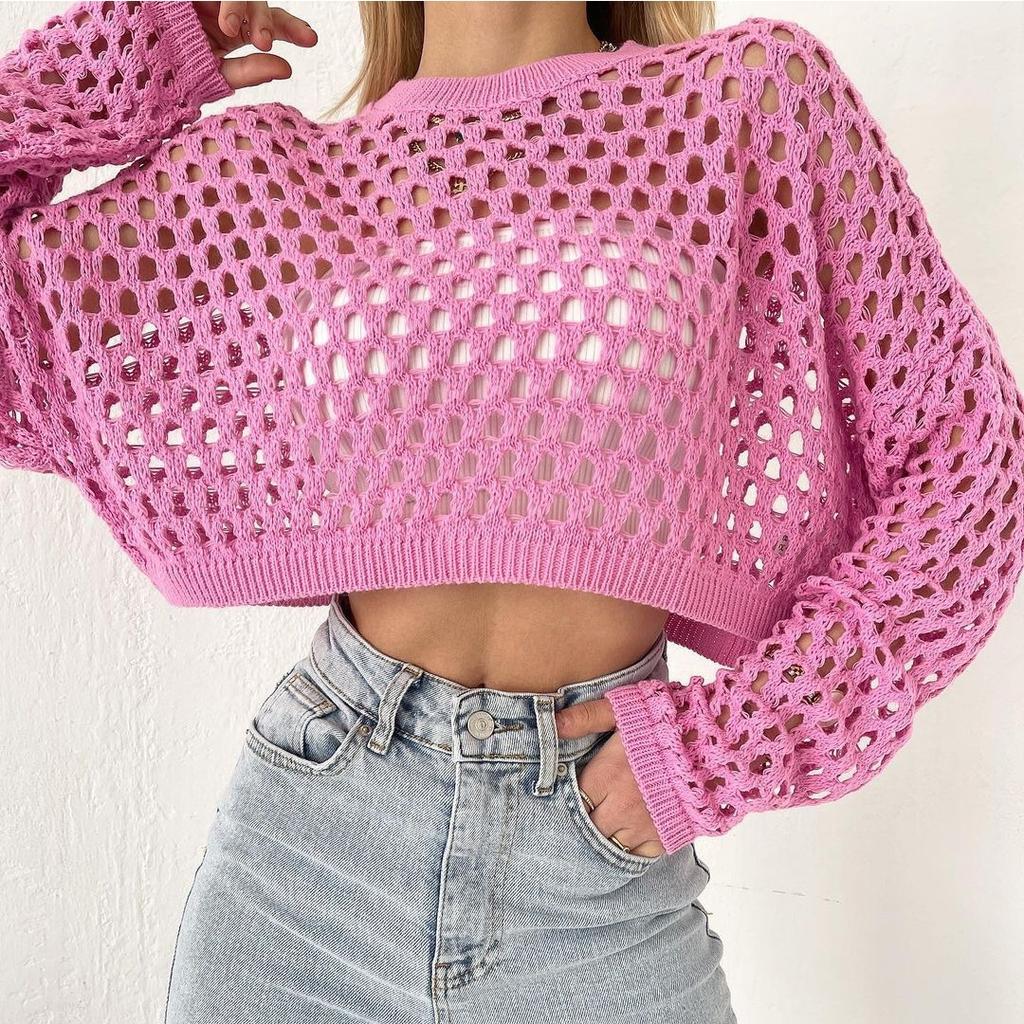 BITCED Sweater with Flared Sleeves Loose Crew Neck Cutout Sweater for Women