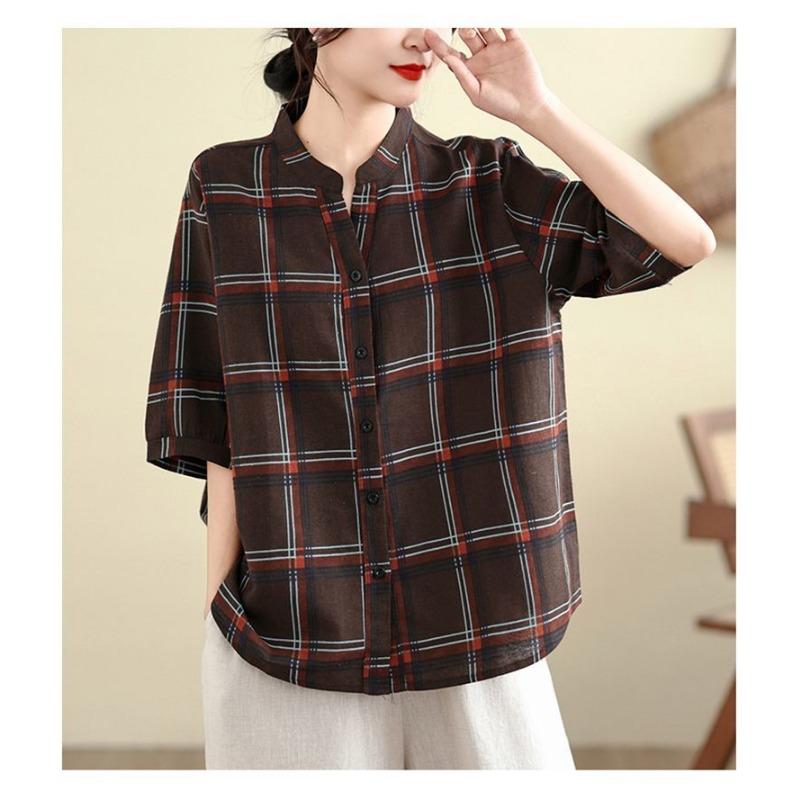 Cotton and Linen Plaid Shirt Summer New Retro Loose and Versatile V-neck Stand-up Collar Short-sleeved Shirt