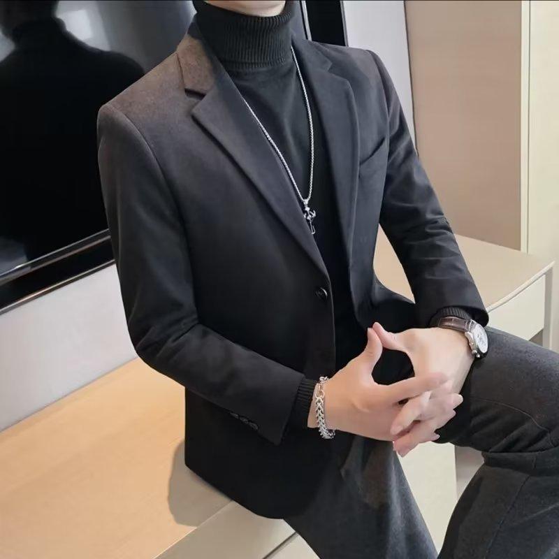 

Мужской шерстяной костюм 2024 года: Осенне-зимняя модная повседневная однотонная куртка XL чёрный