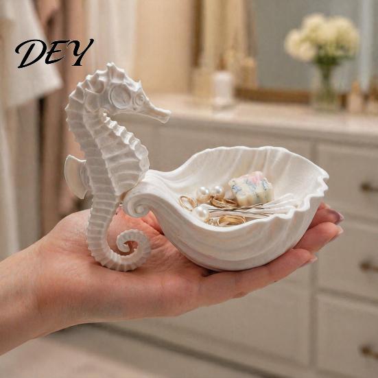 Compact Vanity Organizer 3D Printed Seahorse Shell Jewelry Tray for Rings Necklaces Bracelets, Ocean Decorative Bathroom Style Desktop Organizer,