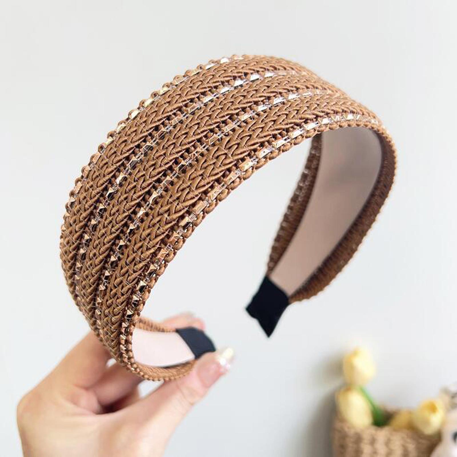 

PROLY Новые Модные Аксессуары для Волос для Женщин Широкий Ободок на Голову из ПП Плетеного Повседневный Ободок Блестящий Ободок со Стразами Лето