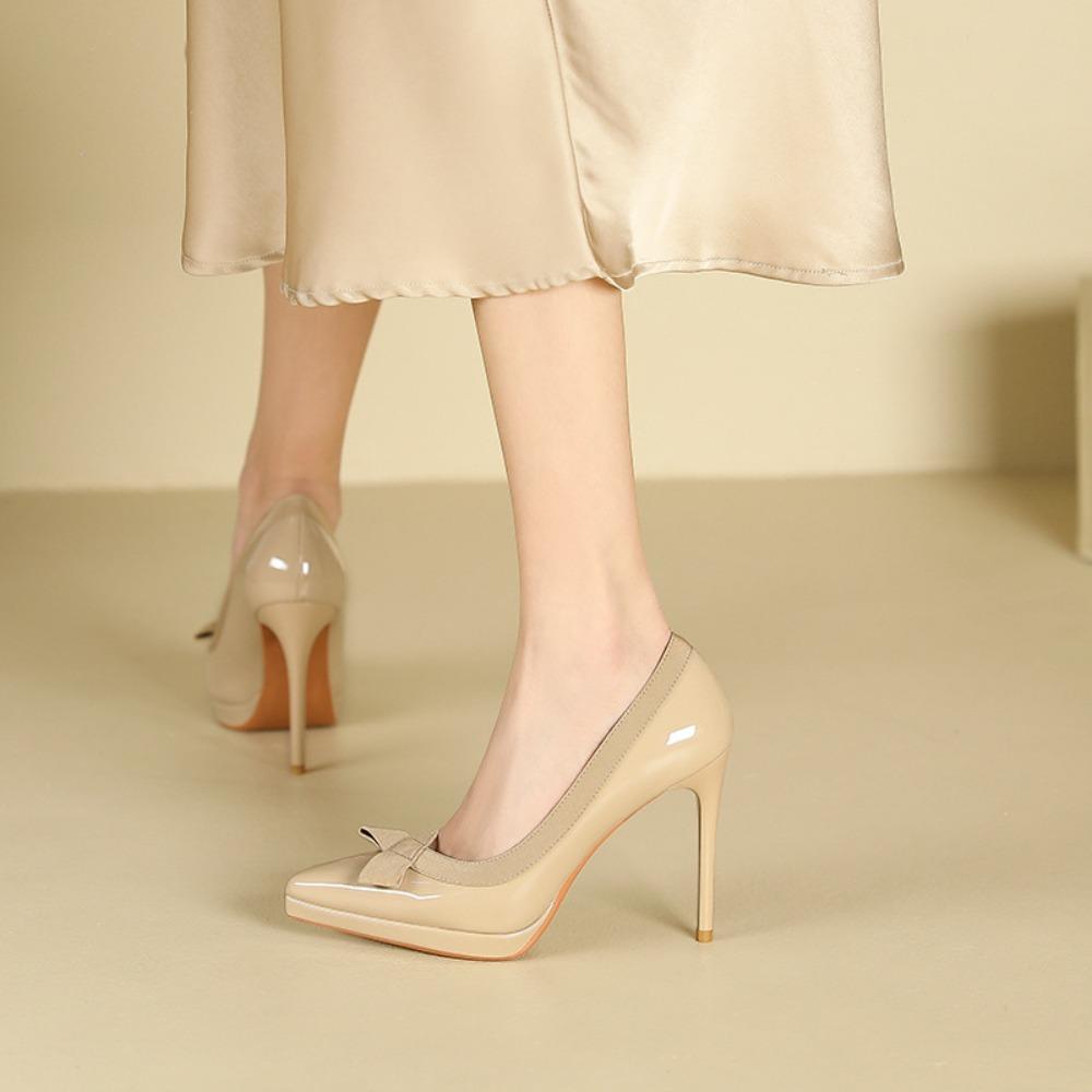 Fashion Pointed Stiletto High Heels Women's Shallow Mouth Bow High Heels Single Shoes Waterproof Table Patent Leather Women's Shoes