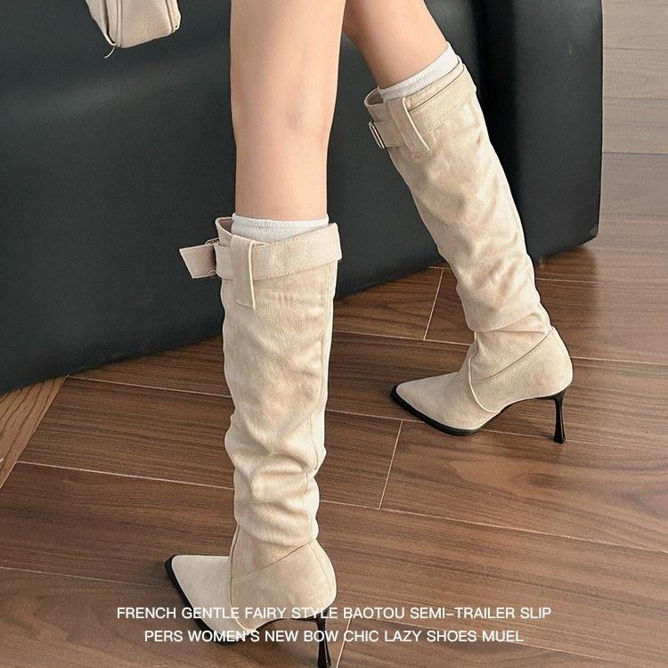 Small thin heel boots women's 2025 autumn new suede stacking boots pointed temperament high heel boots