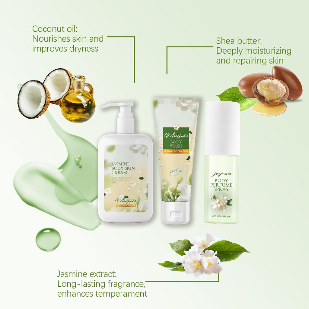 3Pcs Jasmine Scented Body Care Gift Set Includes 100g Body Wash 150ml Body Cream 90ml Perfume for Long Lasting Fragrance Moisturizing Skin Care