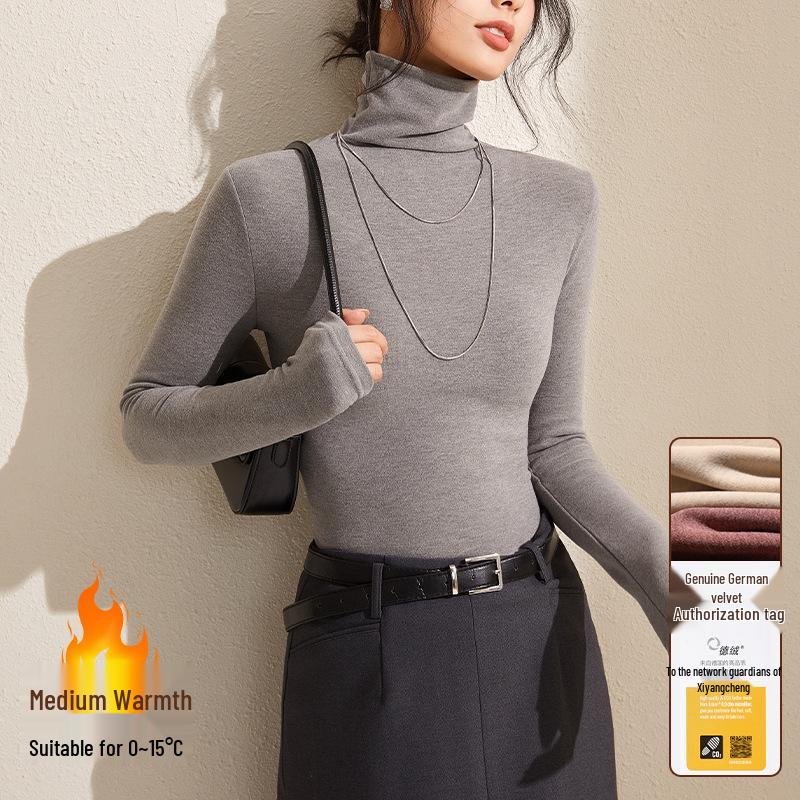 Women's Gray Winter High-Neck Base Layer Shirt - Thick, Warm, Stylish Plus Velvet Inner Wear