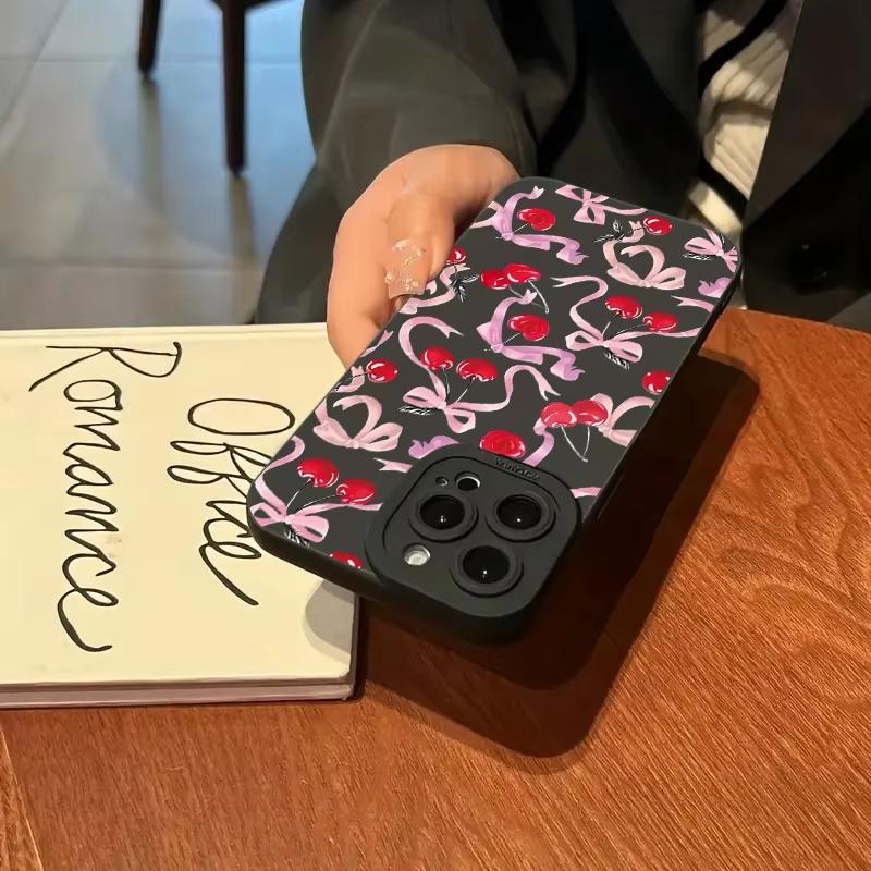 Cute Cherry Bow Silicone Phone Case For iPhone15 16Pro 14 Plus 13 Pro Max Mini 12 11 X XS XR Plus SE 20 Shockproof Soft Cover