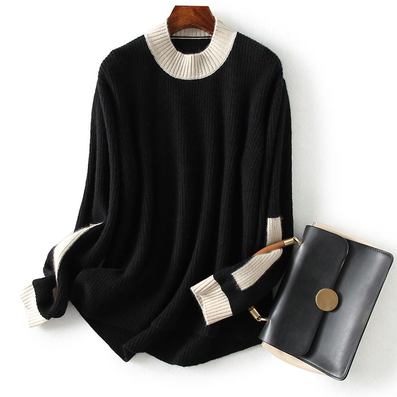 Women's Color-block Cashmere Knit Sweater - Half-High Neck, Long Sleeve, Ribbed, Slimming, Versatile