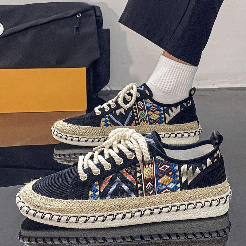 Fashion Black Printing Retro Style Sneakers Flat Espadrilles Men's Casual Shoes Comfortable Breathable Elegant Without Leather Male Shoe