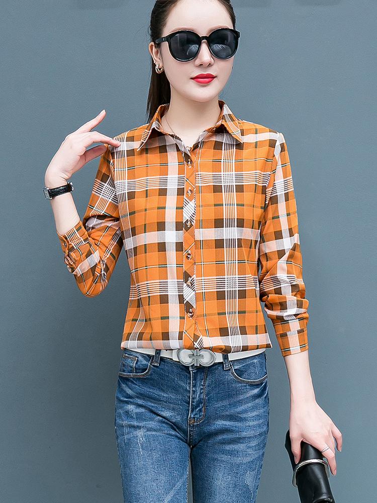 Geruit Overhemd Dames Honderd Dames Tops Los Retro Hong Kong Smaak Lange Mouw Overhemd