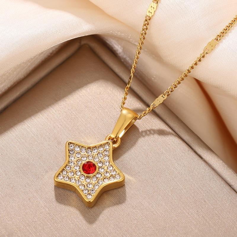 Women s Trendy Diamond-studded Star Pendant Necklace with Link Chain-Unique Stainless Steel Design красный
