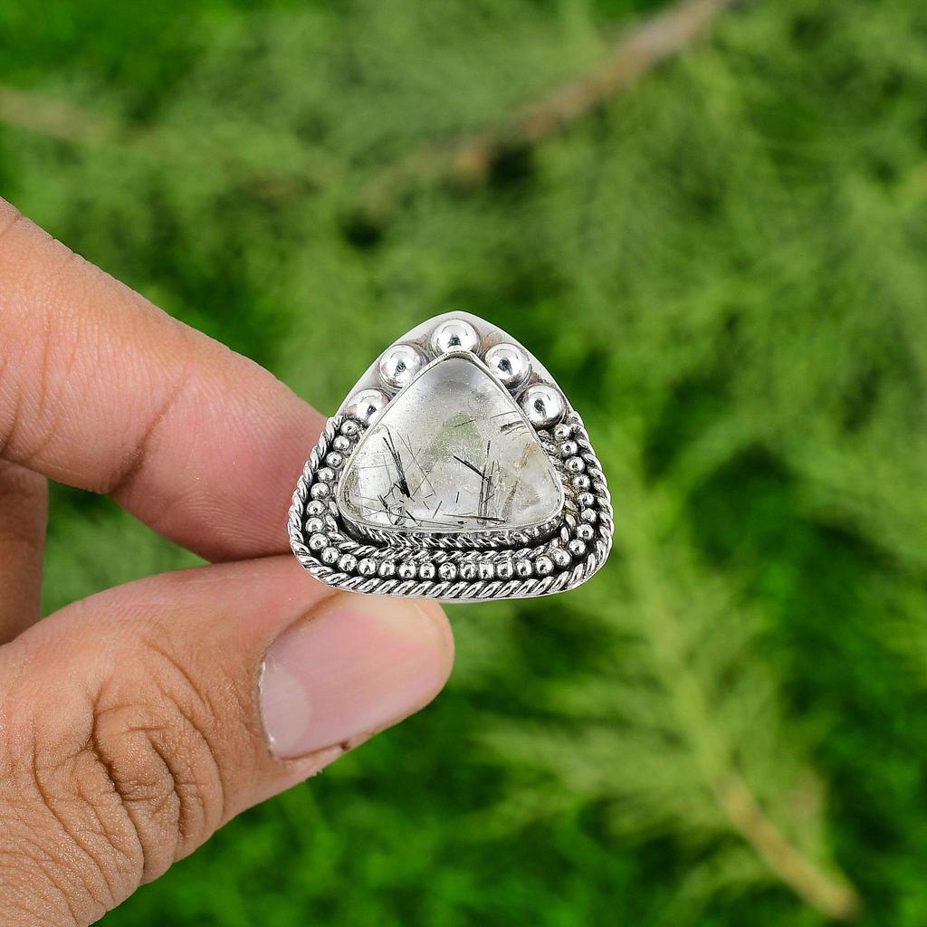 Thanks Giving Day Sale Black Rutilated Quartz Stone 925 Silver Solitaire Ring