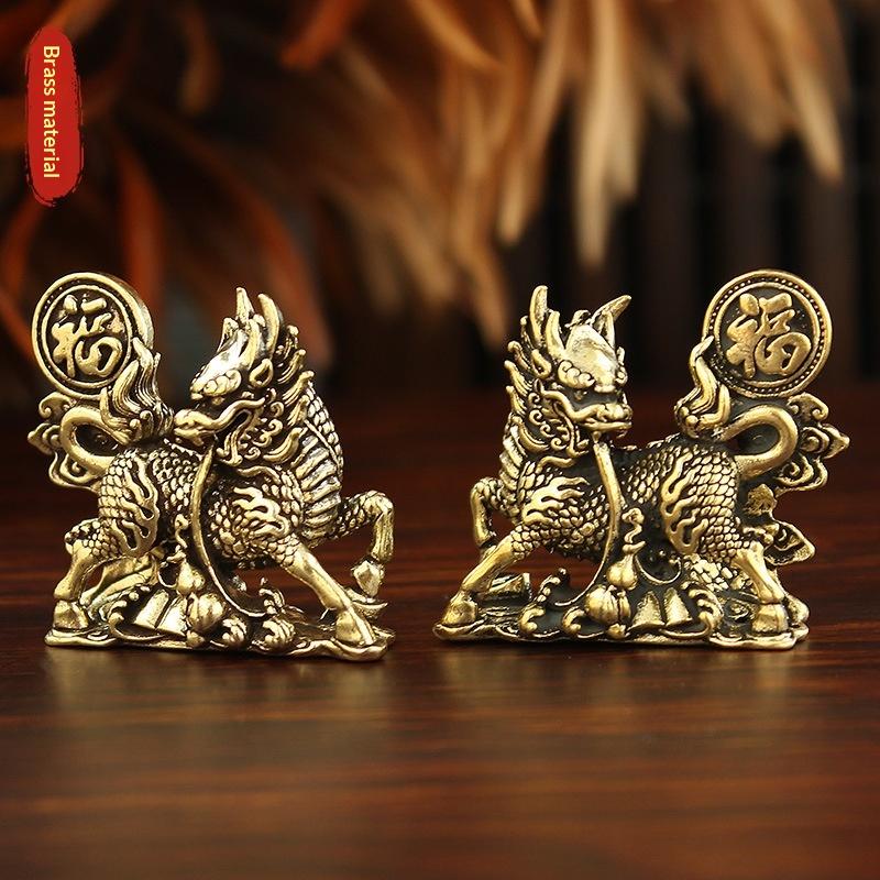 2Pcs/Set Brass Fu Character Kirin Small Ornament Home Office Copperware Tea Pet Decoration