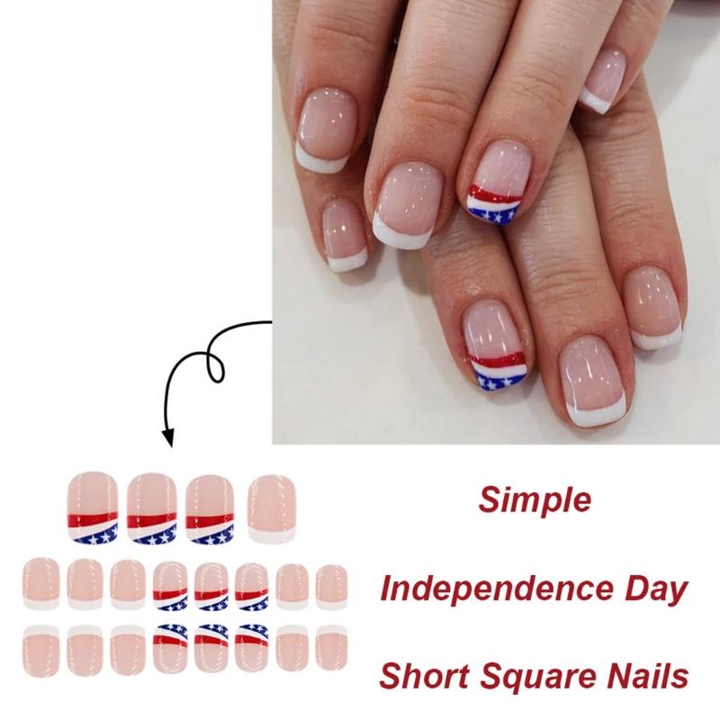 4th of July Glues on Nail Short Square Fake Nail Independence Day French Tip Press on Nail Artificial Acrylic Nail
