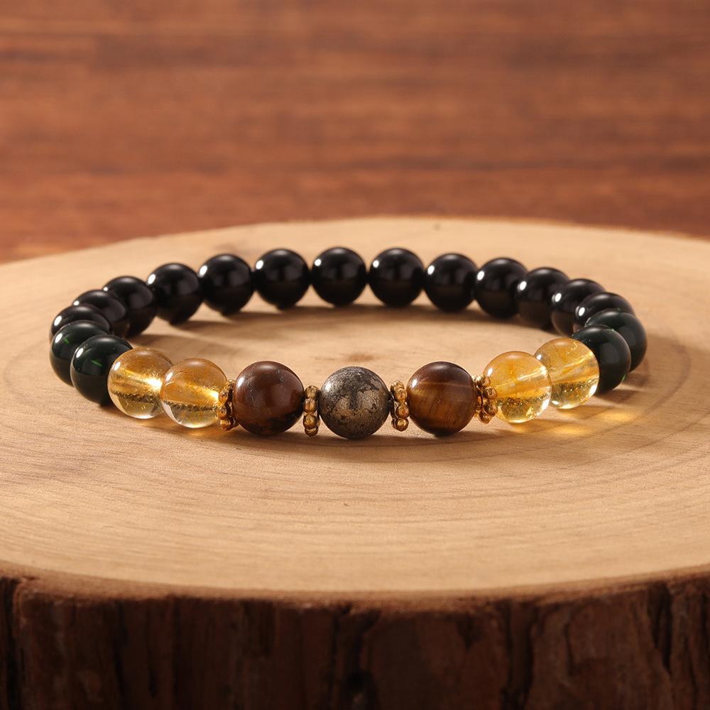 Festliche Geschenke Schwarzer Onyx Citrin Tigerauge und Pyrit Perlenarmband Kühner Modeschmuck für Männer Tägliches Tragen Einfaches Vielseitiges Accessoire