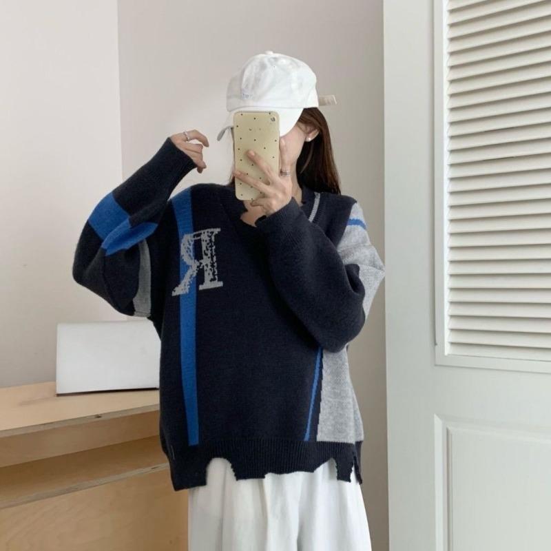 Блокирующие цвета женский свитер американский стиль повседневный V-образный вырез нерегулярный женский вязаный пуловер осень новый тренд повседневный женский топ с длинным рукавом One Size 2490₽