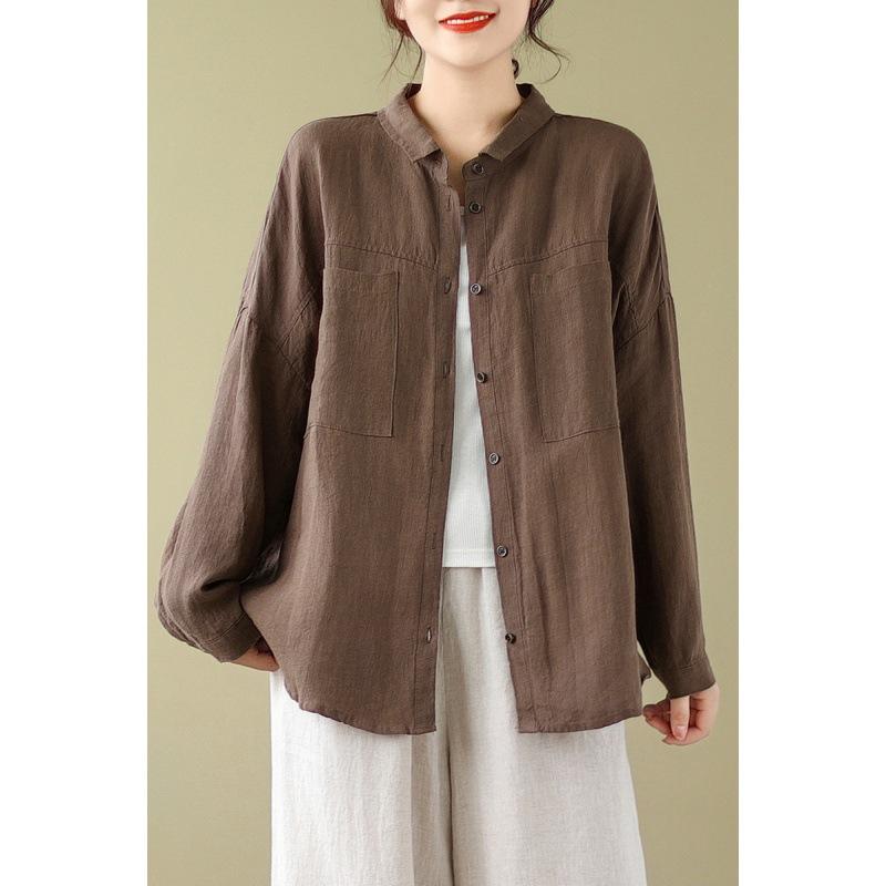 Autumn Cotton Linen Blouses & Shirts Lapel Artistic Loose Casual Long Sleeved Cardigan Solid Color Shirt for Women
