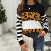 Women S Loose Knit Sweater Round Neck Long Sleeve Leopard Print Color Block Pullover