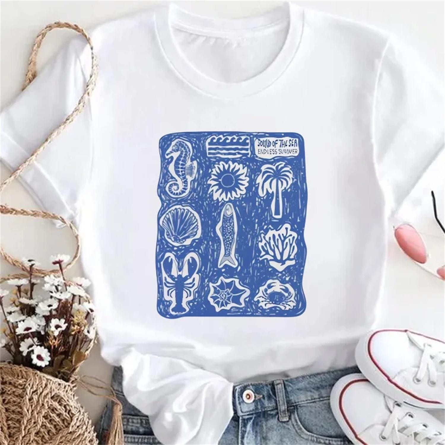 

Clothing Regular Seafood Club Pattern T-Shirt Round Neck Popular Versatile Cute Short Sleeve Women s Casual Cartoon T-Shirt XXXXXL білий