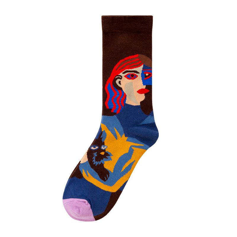 French Retro Abstract Oil Painting Mid-Calf Socks - Trendy Autumn/Winter High-Top Creative Combed Cotton for Women
