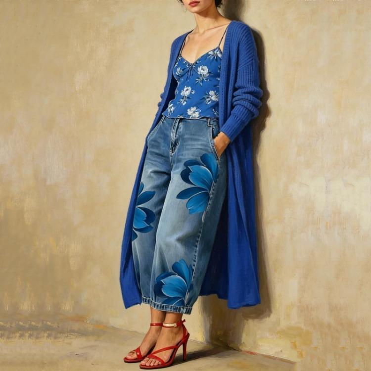 Women's Jeans - High Waist Wide Leg Denim Pants Women Floral Print Casual Loose Fit Comfortable Bottoms Suitable for Every Occasion