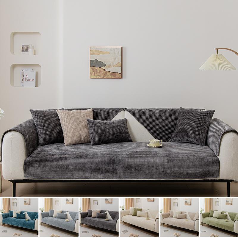 Luxury Chenille All Seasons Universal Sofa Cover Solid Color Plaid Sofa Pad Non-Slip L Shaped Couch Cushion for Home Decor