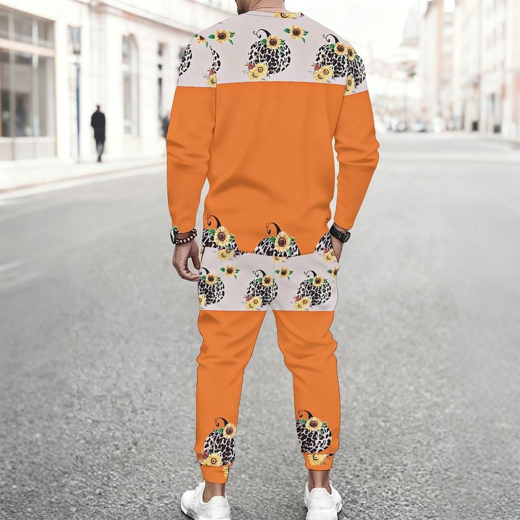 Men Orange Color Block Leopard Pumpkin Sunflower Print Long Sleeve Sweatshirt Jogger Pants Two Piece Suit