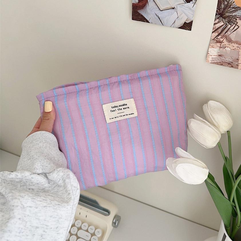 

Милая холщовая полосатая дорожная косметичка для хранения помады и кистей для макияжа, туалетный набор, девичья кавайная косметичка, органайзер, сумочка 18x5x26 cm