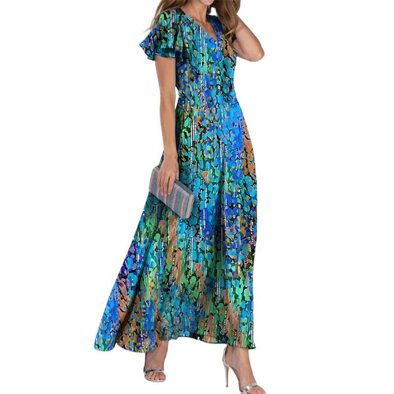 Summer long dress V-neck short-sleeved printed chiffon dress elegant temperament