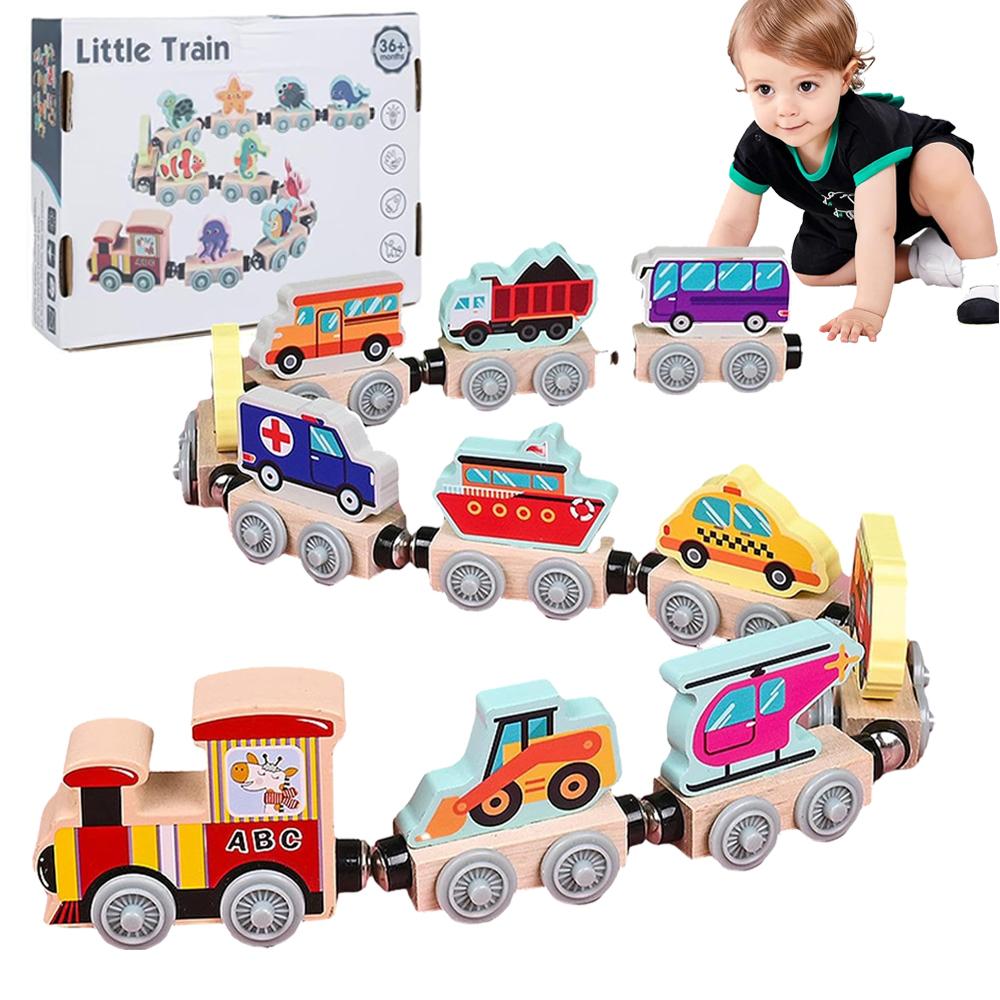 Montessori Magnetic Wooden Train Toys Early Educational Cognition Color Toy Learning Cars Animal Fruits Puzzle Train Set For Kid