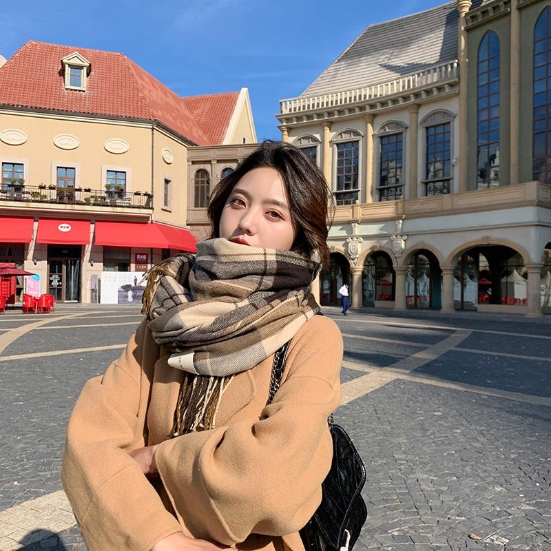 Plaid scarf women's autumn and winter versatile imitation cashmere thickened warm fringed scarf shawl