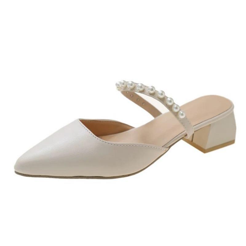 Pearl lazy cool slippers thick heel versatile commuter pointed shoes summer wear bag head shoes fashion square heel half slippers