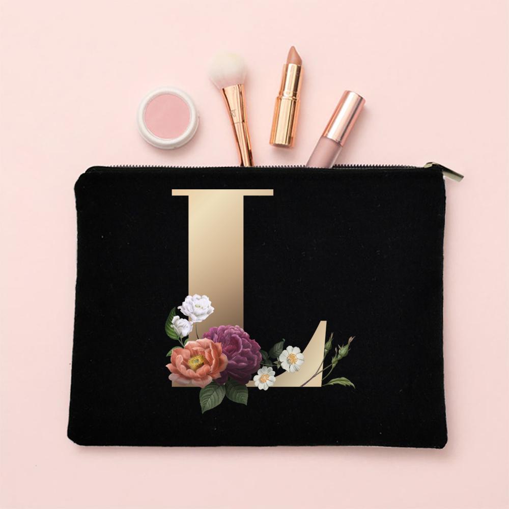 Alphabet Floral Makeup Bag Bridesmaid Maid of Honor Holiday Wedding Bachelorette Party Gift Canvas Cosmetic Zipper Storage Pouch