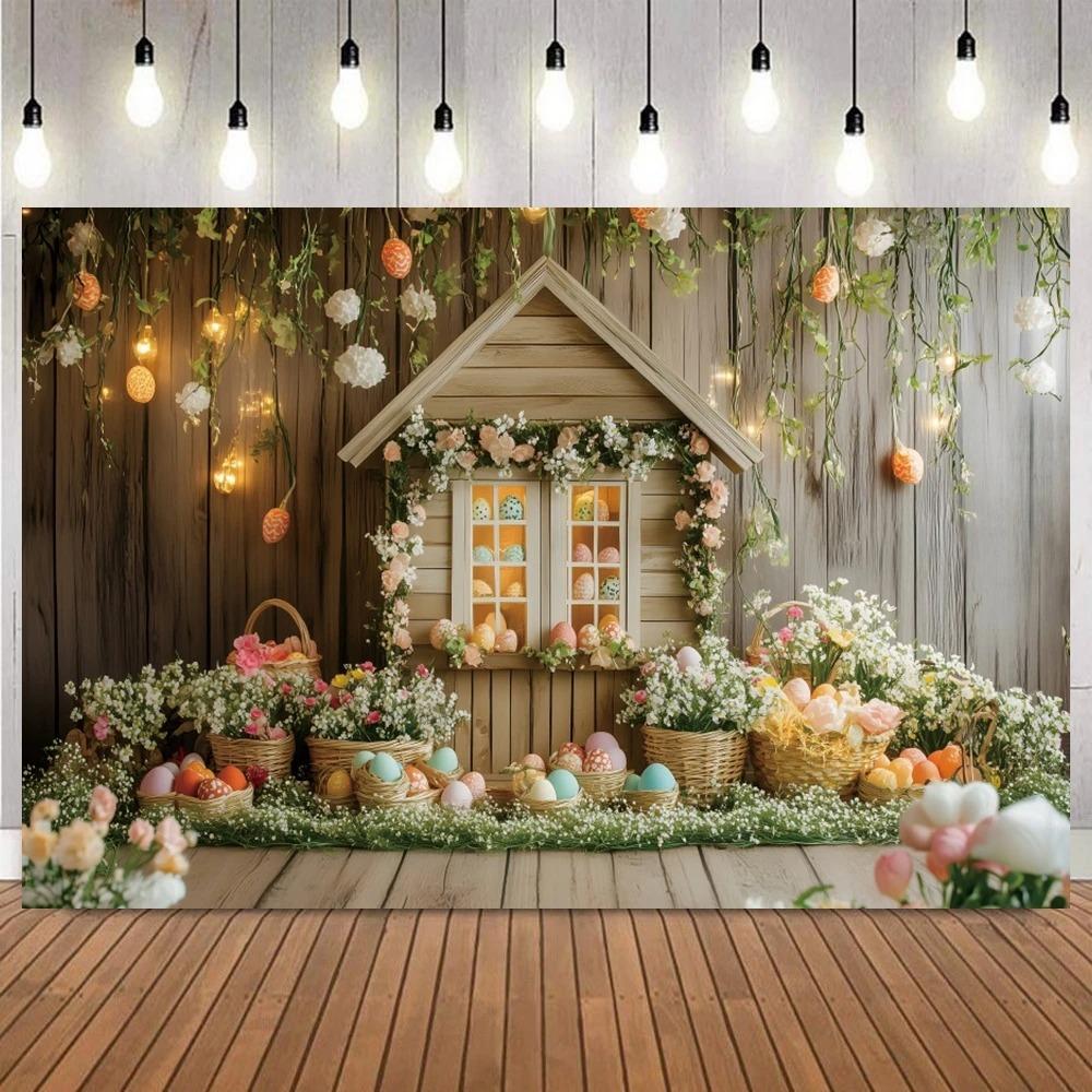 Easter Spring Wooden House Flower Egg Basket Countryside Photography Background, Children Portrait Party Photography Background2