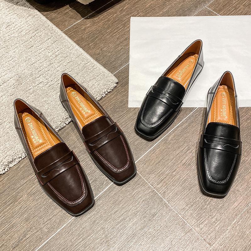 British High Quality leather flats shoes woman slip on loafers 34-43 big size square toe oxford shoes woman comfy working flats