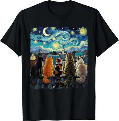 Divertente Gatto Notte Stellata Van Gogh Gatti Scena sul Tetto Felino T-Shirt