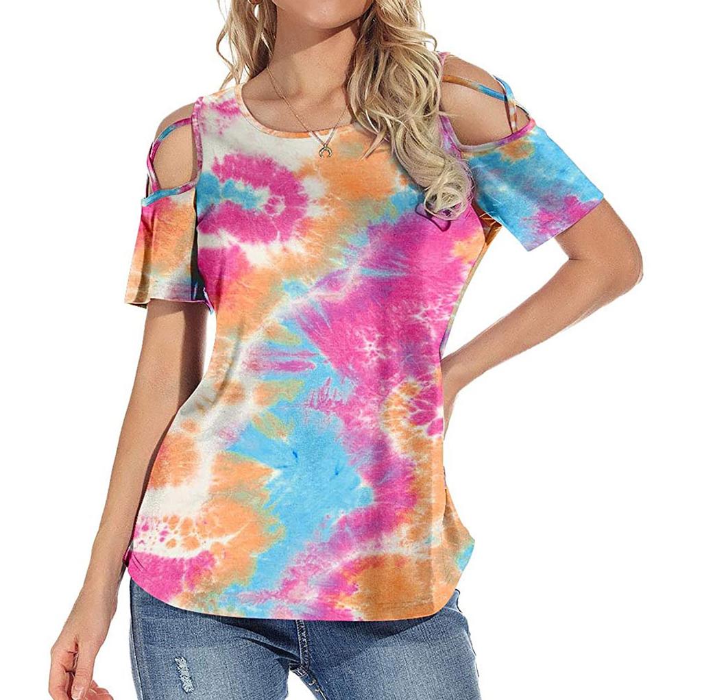Women's Summer Printing Short Sleeve Strappy Cold Shoulder T-Shirt Tops Blouses