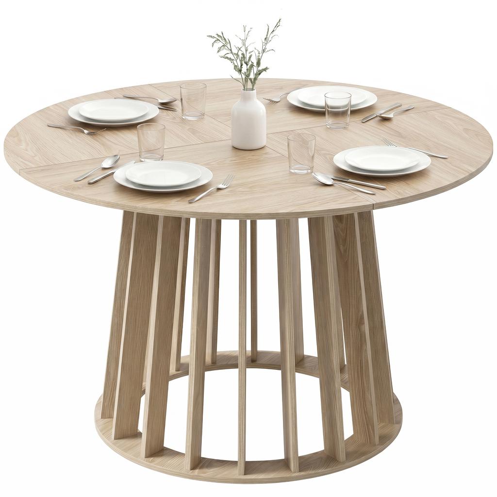 Dining Table, Round, 4-6 People, 120 x 75 cm, Slatted Base, Natural Wood