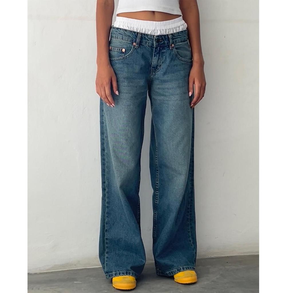 2026 Women's Casual Wide-Leg Non-Stretch Washed Denim Jeans - American Retro Low Waist