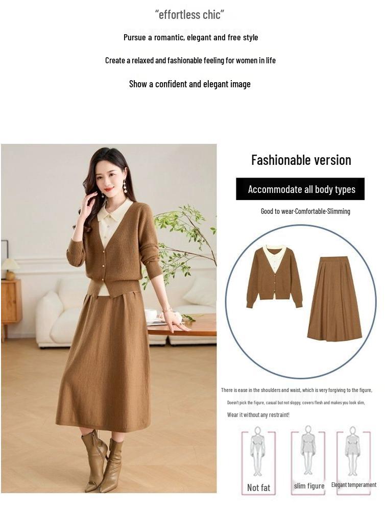 2025 New Autumn & Winter Two-Piece Knitted Patchwork Wool Dress Set - Chic & Stylish