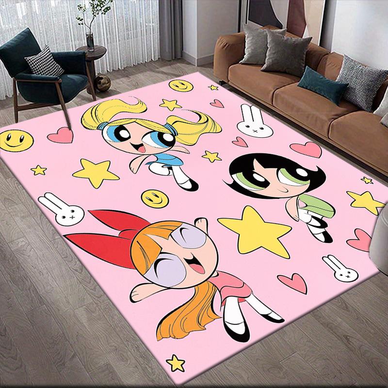 Pink Powerpuff Girls Anti-slip Floor Mat, Rectangular Carpet for Bedroom, Living Room and Game Area