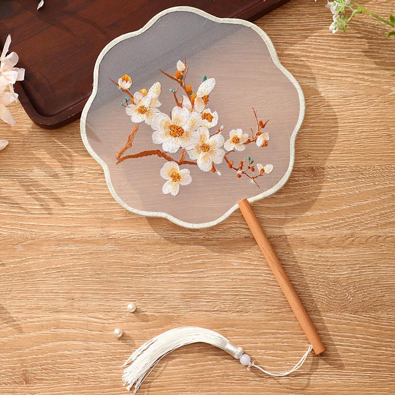 China Fan  Semi-Transparent Long Handle Tassel Dance Fan Female Costume Hanfu Cheongsam Embroidery Small Round Fan