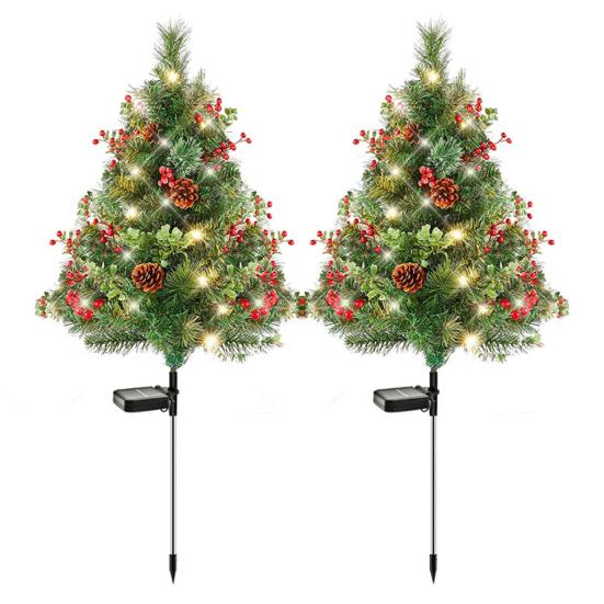 23 Inch Lighted Artificial Christmas Urn Filler Pre-lit Xmas Pine Tree with Cones Red Berries Tripod Stake And LED Light Outdoor Porch Planter Filler