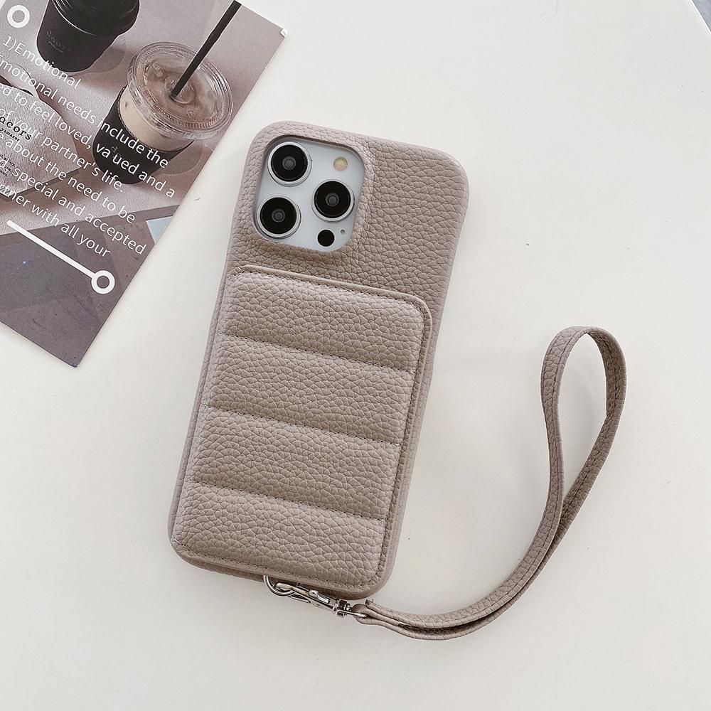 For iPhone 16 Pro Case Card Slots Kickstand PU Leather+PET Phone Cover with Wrist Strap