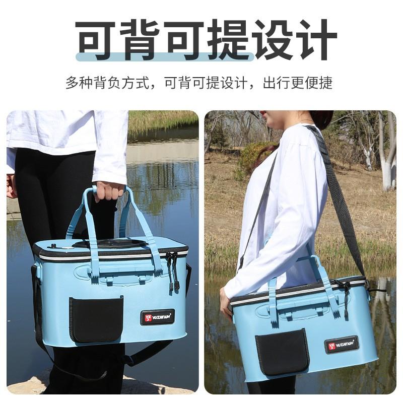 Foldable Fishing Live Well Bucket With Reinforced Construction Carry Handle Shoulder Strap Quick-Access Side Opening