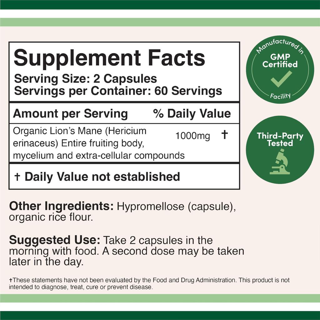 Pslalae Lion's Mane Mushroom Capsules, 1000 mg per serving, all-natural, suitable for both men and women.