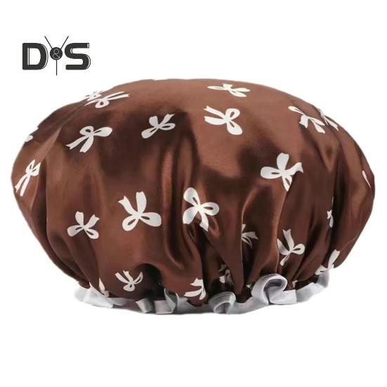 

Женская шапочка для душа с двойным слоем атласной отделки, водонепроницаемая, внутренний слой, защита волос, эластичная шапочка для душа, макияж кофейный